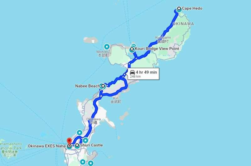 Map showing the driving route of day 3 Okinawa itinerary by Next Level of Travel