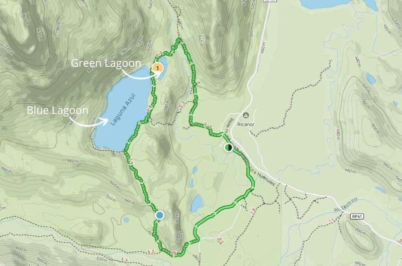 Map of hike in Los Huemules to Laguna Azul and Laguna Verde, Argentina