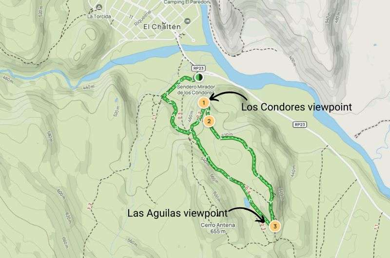 Map of hike to Mirador de los Cóndores in Argentina