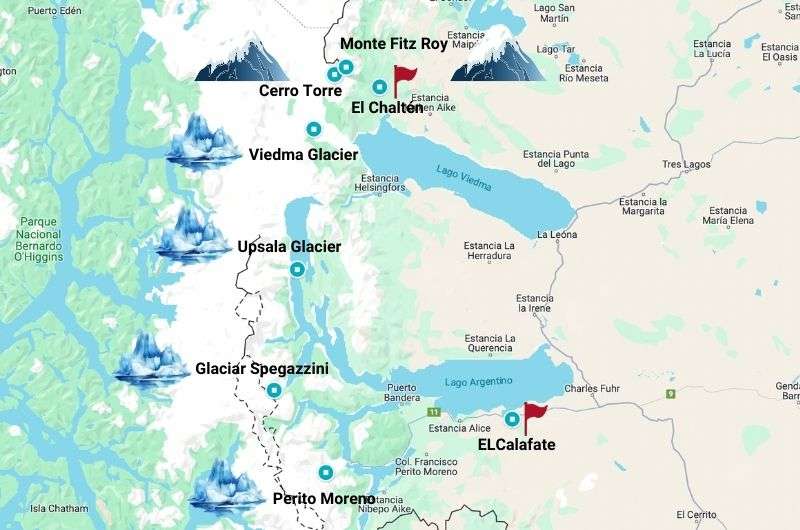 Map of Los Glaciares National Park in Argentina