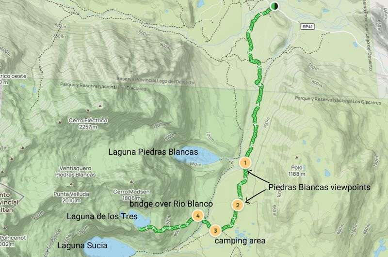 Map of the Laguna de los Tres hike, Argentina