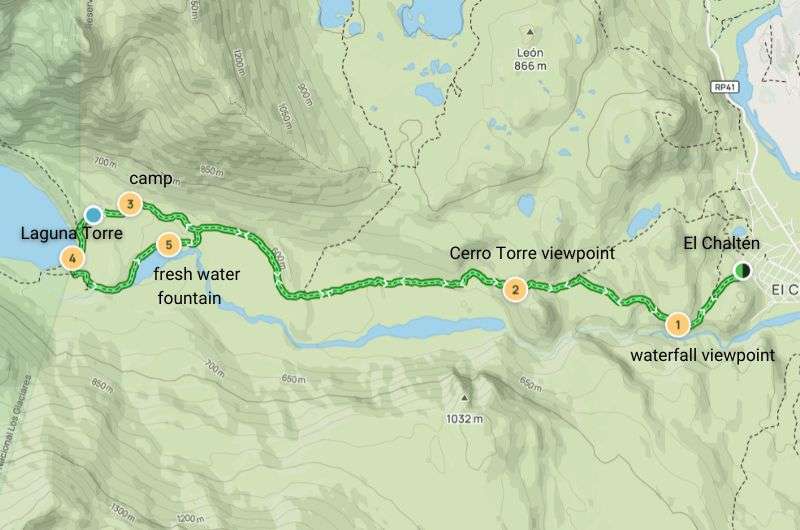 Map of the Laguna Torre hike in El Chaltén, Patagonia