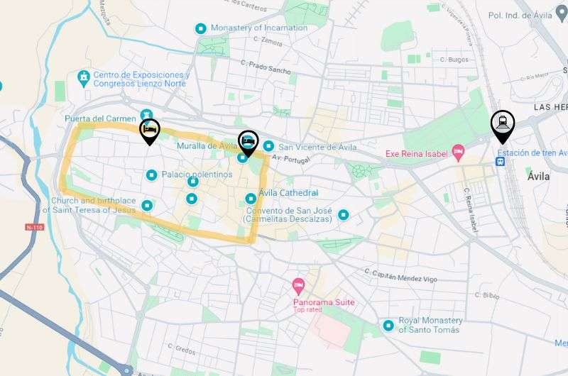 Map showing stops on Avila itinerary as day trip from Madrid, Spain