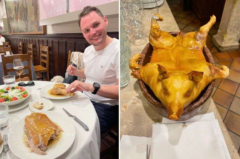 Eating cochinillo in a restaurant in Segovia, photo by Next Level of Travel