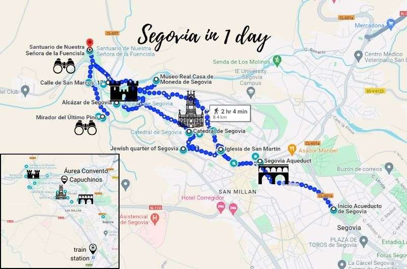 Map of one day in Segovia, Spain, with train station and tourist attractions shown