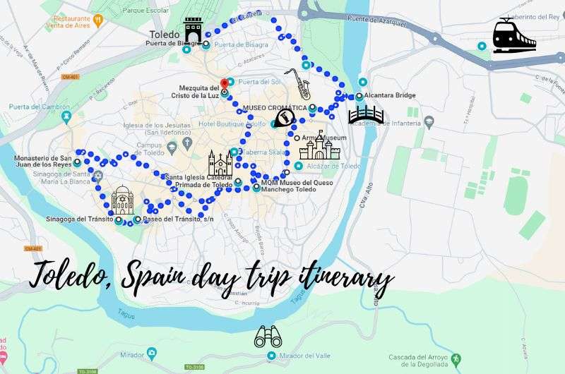 A map showing the walking route of the Toledo Spain day trip itinerary, map by Next Level of Travel