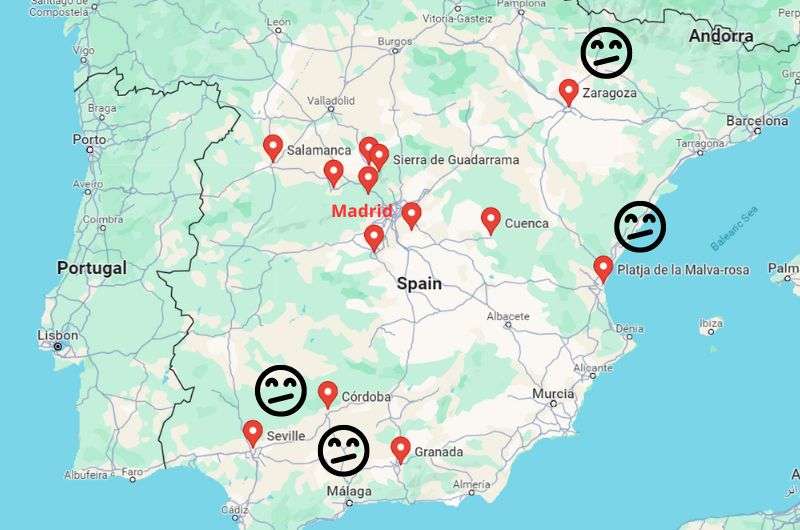 Map showing all possible day trips from Madrid, Spain