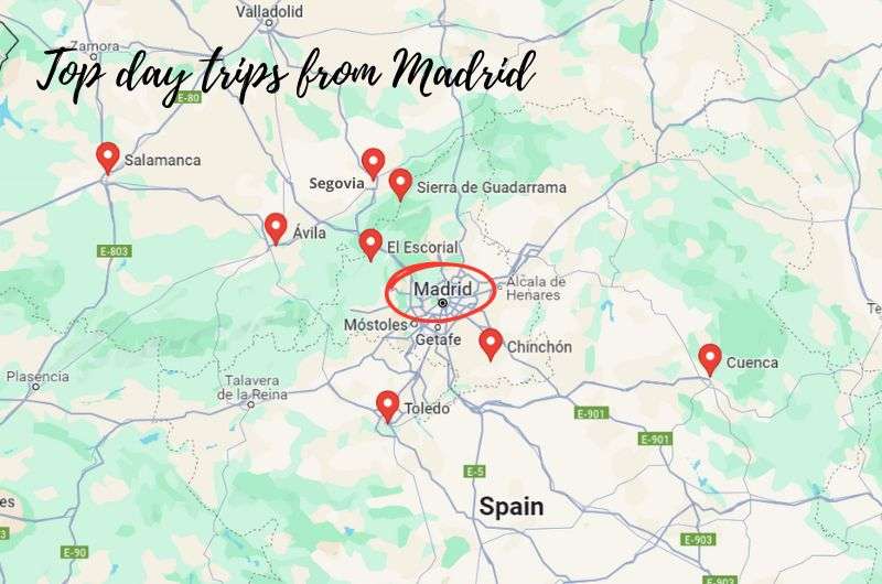 Map showing the top day trips from Madrid, Spain, map by Next Level of Travel on Google Maps