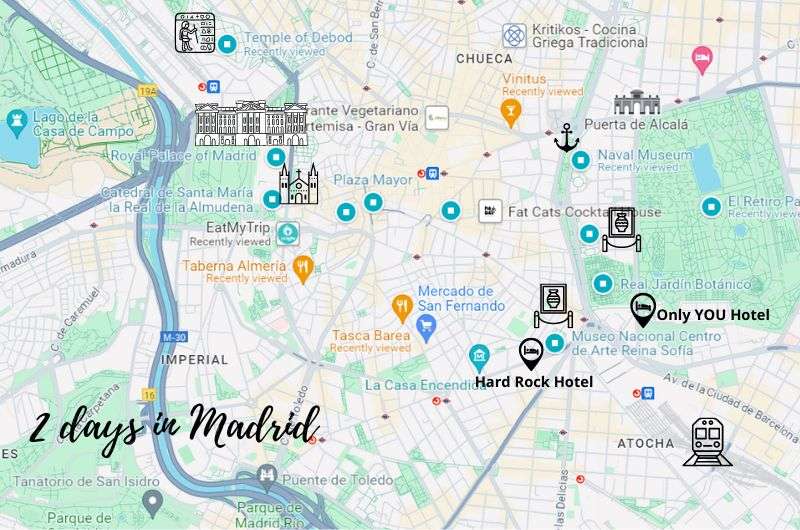 Map of the places to see on the 2 days itinerary in Madrid, Spain