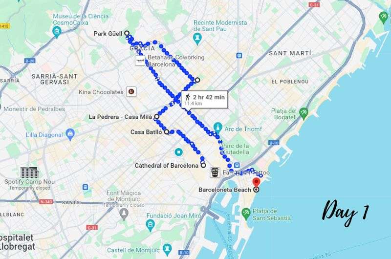 Map of day 1 of 10 days in Spain itinerary by Next Level of Travel