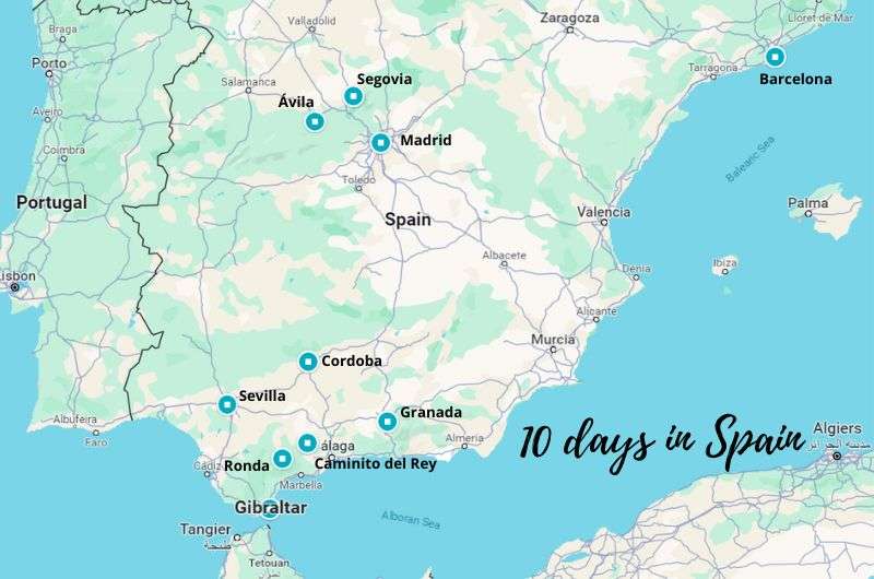 Map showing main stops on a 10-day Spain itinerary by Next Level of Travel