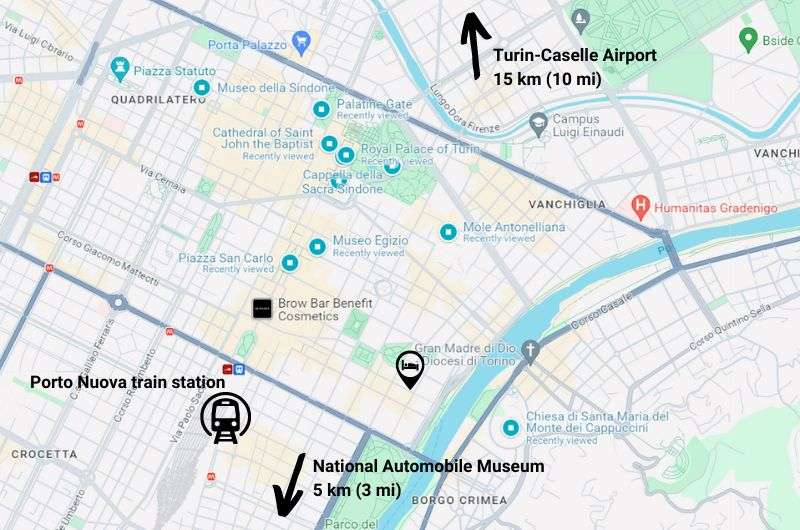 A map showing all the places to see during one day in Turin itinerary, map by Next Level of Travel