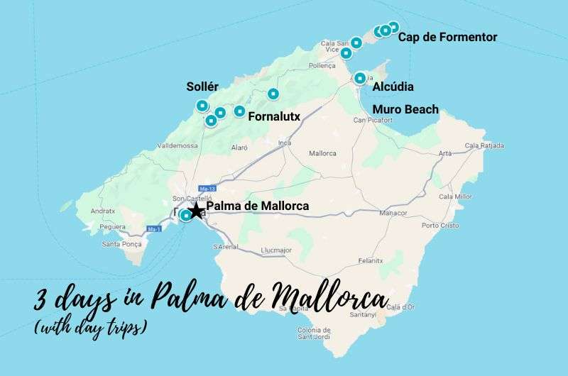 Map of Palma de Mallorca 3-day itinerary, Spain, map by Next Level of Travel