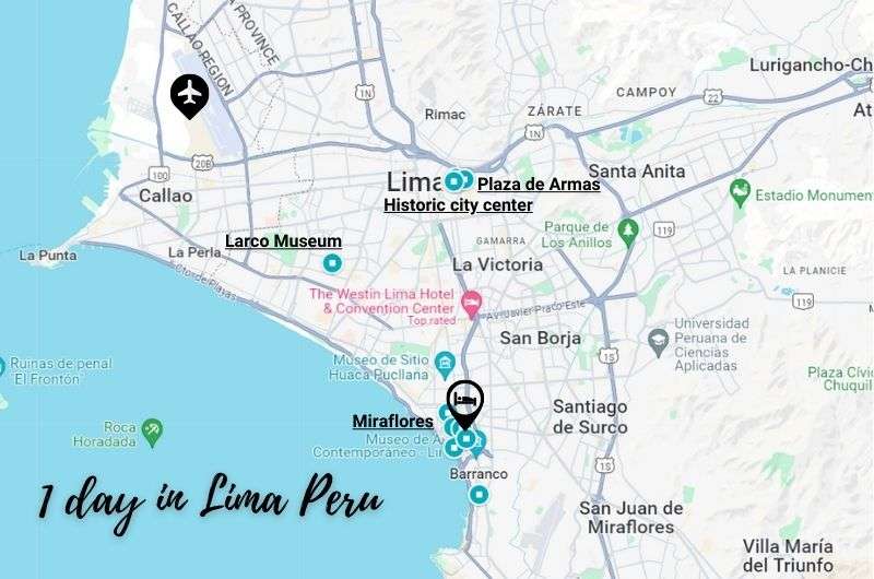 Map showing highlights of 1 day in Lima Peru itinerary overview, map by Next Level of Travel