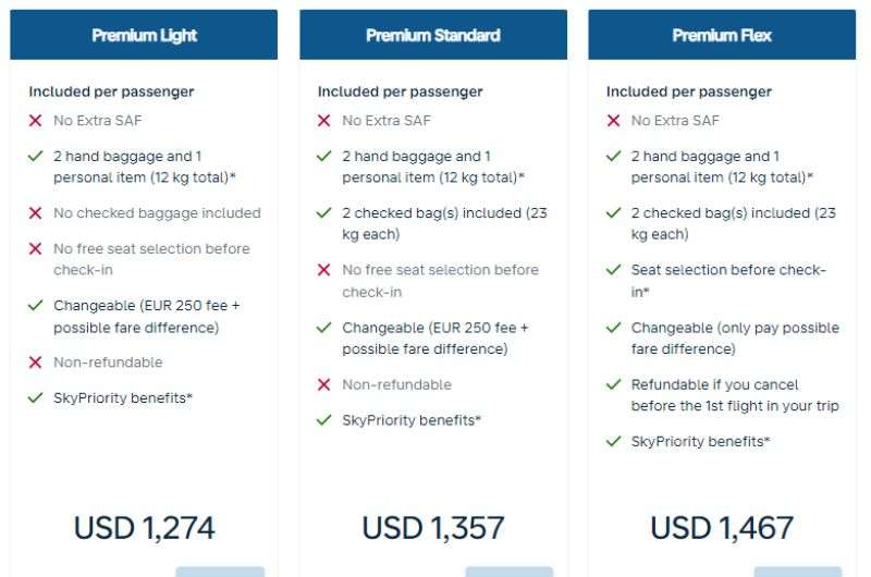 Comparing prices for the comfort light and comfort flex class, KLM