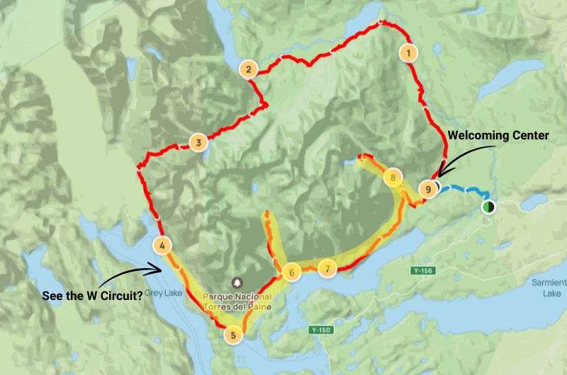 Map of O Circuit trek in Torres del Paine