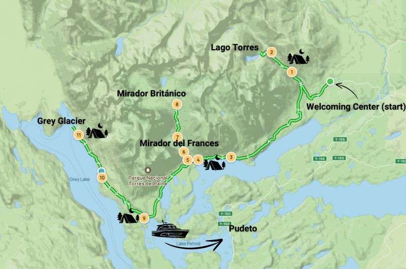 Map showing the trail, highlights, and camps on W Circuit in Torres del Paine, Chile, map by Next Level of Travel