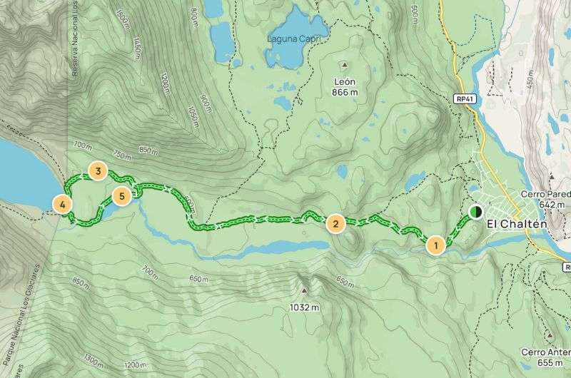 Map of the Laguna Torre hike in El Chaltén, Argentina