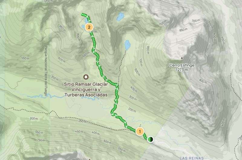 Map of the Vinciguerra Glacier trail in Argentina