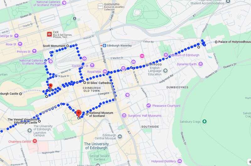 Map of the first day of 3-day Edinburgh itinerary by Next Level of Travel