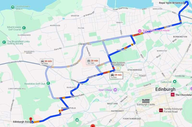 Map of the second part of the route for second day of 3-day Edinburgh itinerary by Next Level of Travel