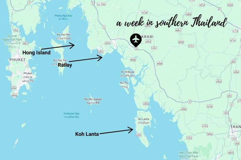 A map showing the stops in southern Thailand, 3-week itinerary Thailand, map by Next Level of Travel