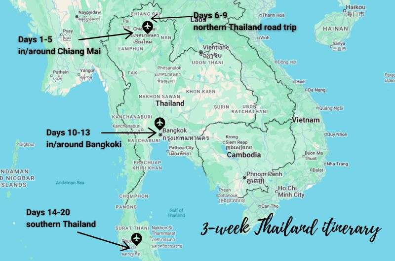 Map showing the trip plan of this 3 week Thailand itinerary, including airports, map by Next Level of Travel