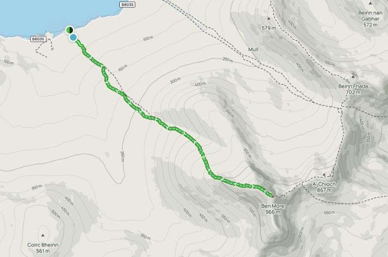 Map of The Ben More hike on Isle of Mull, Scotland