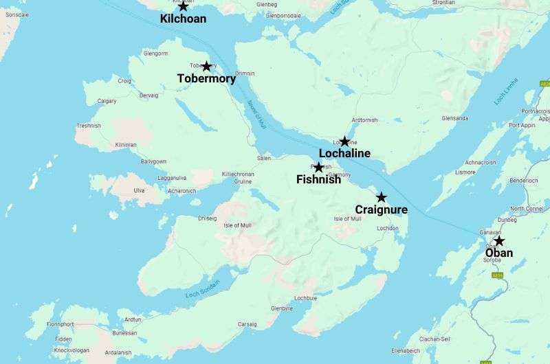 Map of the ferry ports on Isle of Mull in Scotland, map by Next Level of Travel