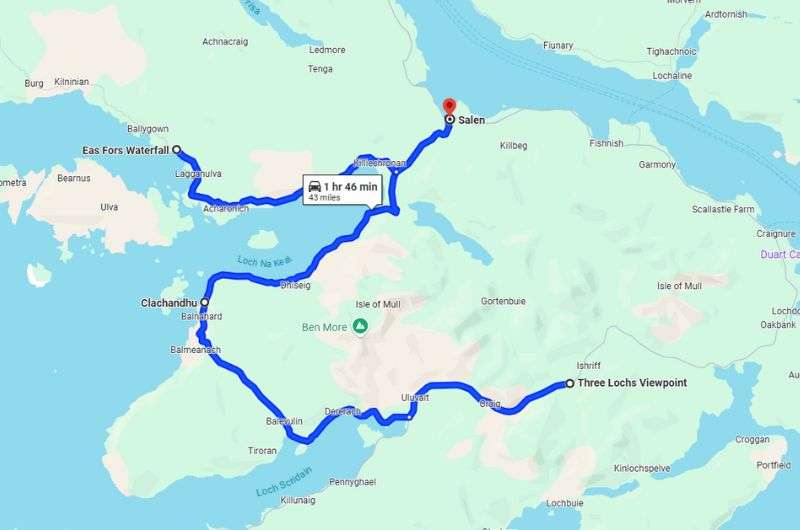 Map of the route from the Three Lochs Viewpoint to Salen via Eas Fors Waterfall on Isle of Mull, Scotland