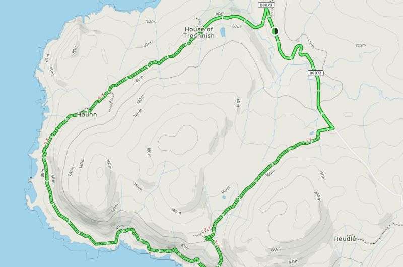 Map of the Treshnish Coast and the Whisky Cave loop trail on Isle of Mull in Scotland