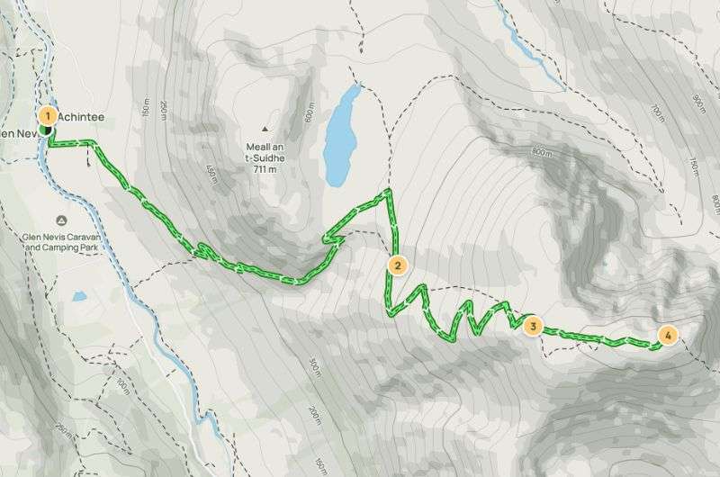 Map of the Ben Nevis Mountain Track in Scotland