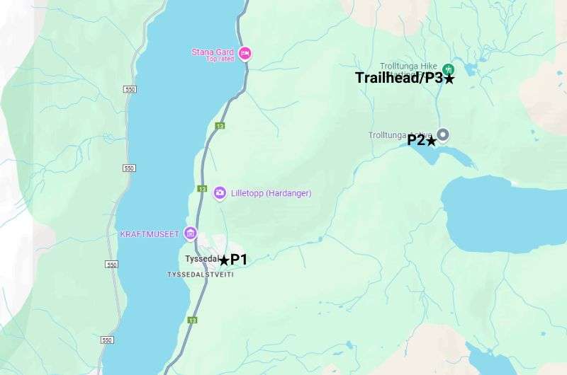 Map of Trolltunga trailhead in Norway, map by Next Level of Travel