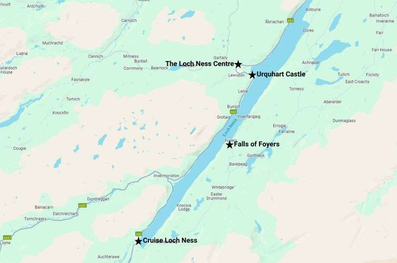 Map of best places in Loch Ness, 2-week Scotland itinerary