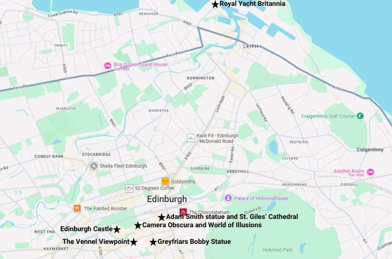 Map of highlights of Edinburgh, 2-week Scotland travel itinerary