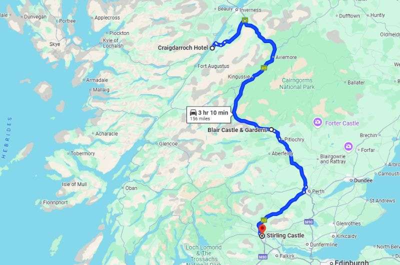 Map of the route of the day 12 of 2-week Scotland itinerary