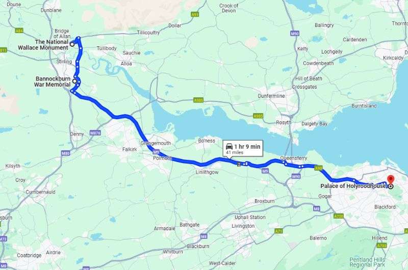 Map of the route of the day 13 of the 2-week Scotland travel itinerary