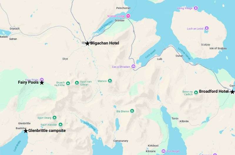 Map of the southern part of Isle of Skye, 2-week Scotland travel itinerary