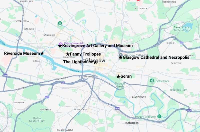 Map showing the best things to do in Glasgow, Scotland itinerary