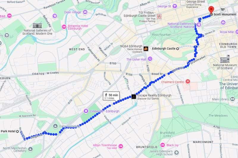 Map of the first part of the rout for day 2 of 2-day Edinburgh itinerary, map by Next Level of Travel