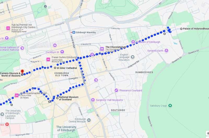 Map of the route for day 1 of 2-day Edinburgh itinerary, map by Next Level of Travel