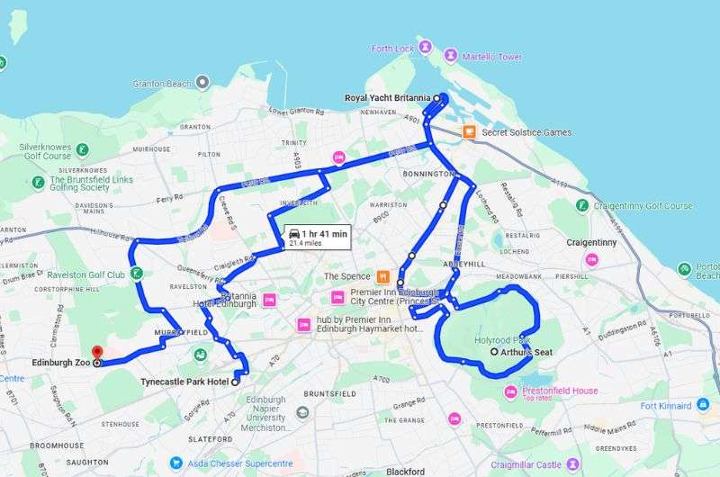 Second part of the route for day 2 of 2-day Edinburgh itinerary, map by Next Level of Travel