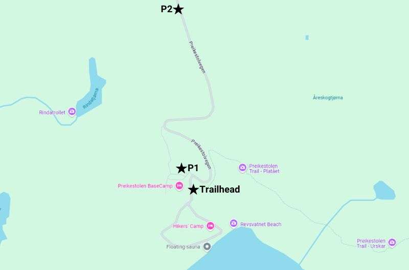 Map marking the Pulpit Rock trailhead and nearby parking lots, Norway