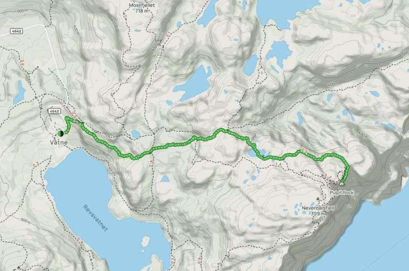 The Pulpit Rock hike on a map, Norway