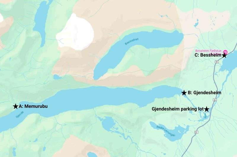 Map of the Besseggen Ridge area in Norway