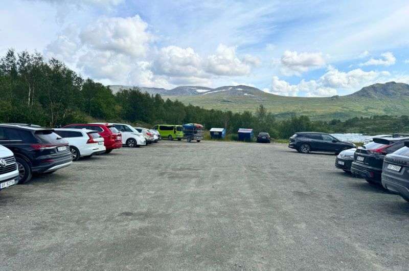 The Gjendesheim parking lot on Besseggen Ridge hike in Norway, photo by Next Level of Travel