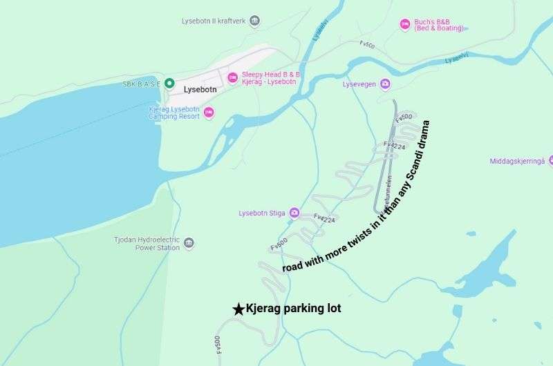 Map showing the Kjerag parking lot, Norway