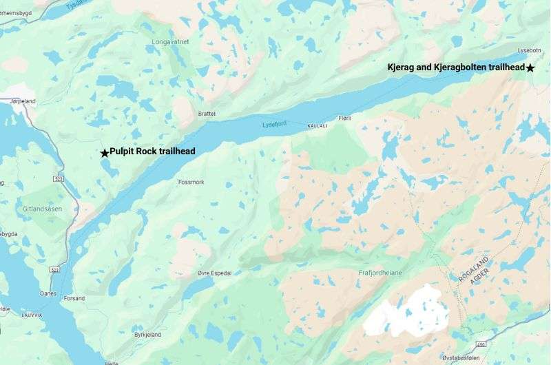 Map of Lysefjord, pinpointing the trailheads of the Pulpit Rock and Kjerag hikes, Norway