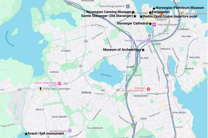 Map of Stavanger, pinpointing the best places of interest, Norway