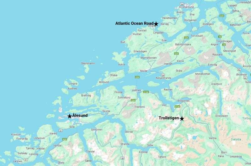 Partial map of Møre og Romsdal, pinpointing wider places of interest, Norway